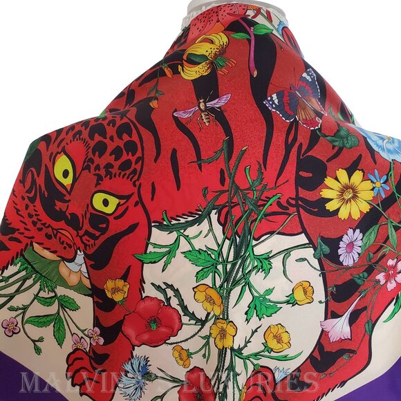 GUCCI SCARF SILK TIGER ICONIC FLORA PRINT SQUARE VIBRANT FOULARD 35" - Picture 13 of 16